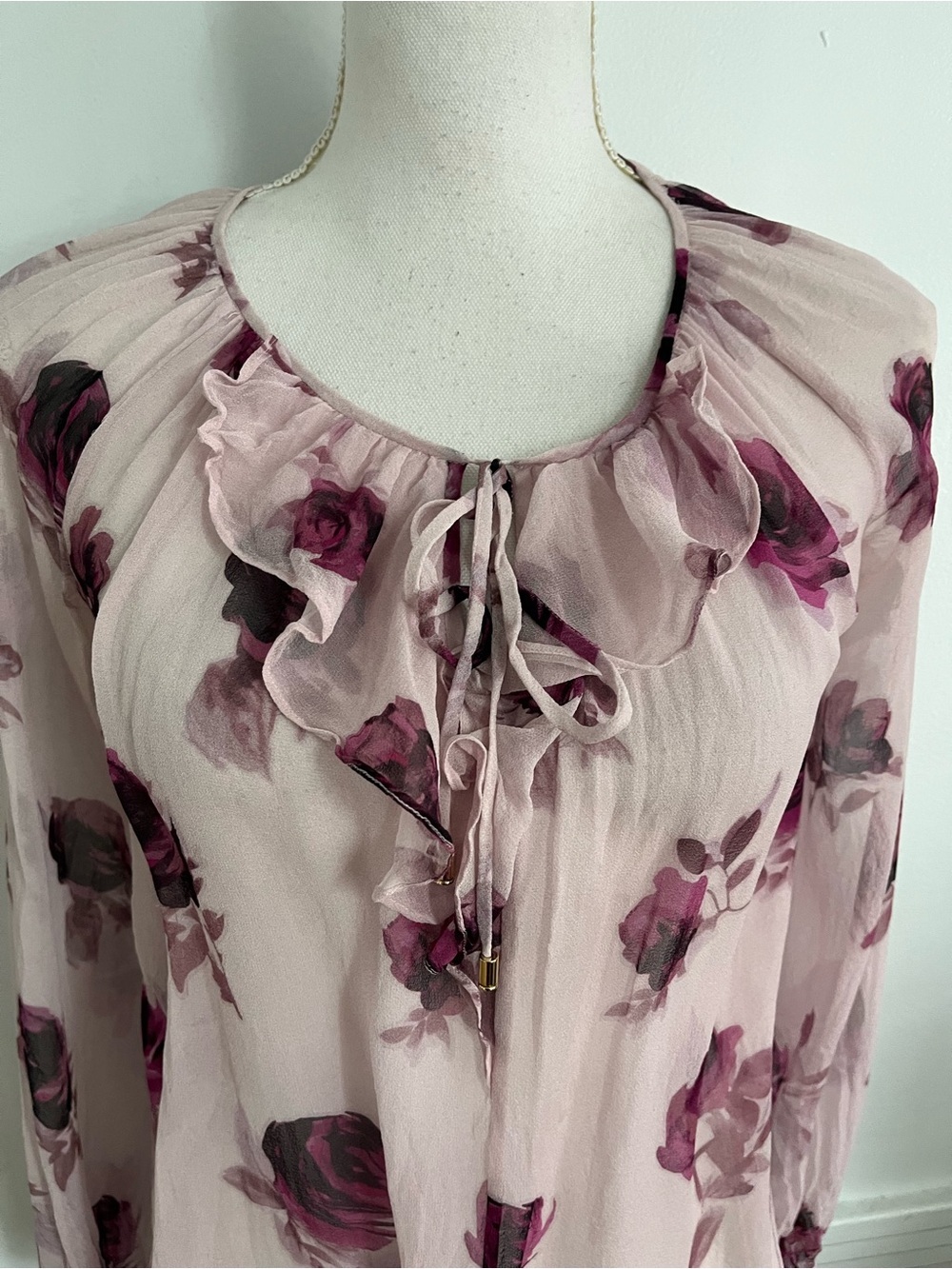 Kate Spade • Silk Floral Ruffle Tie-Neck Blouse - Pink - Picture 2 of 6